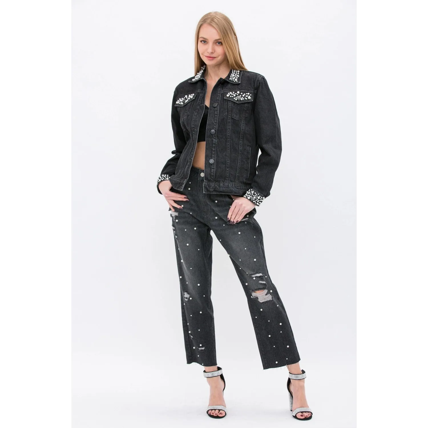 Pearl Embellished Ripped Denim in Black