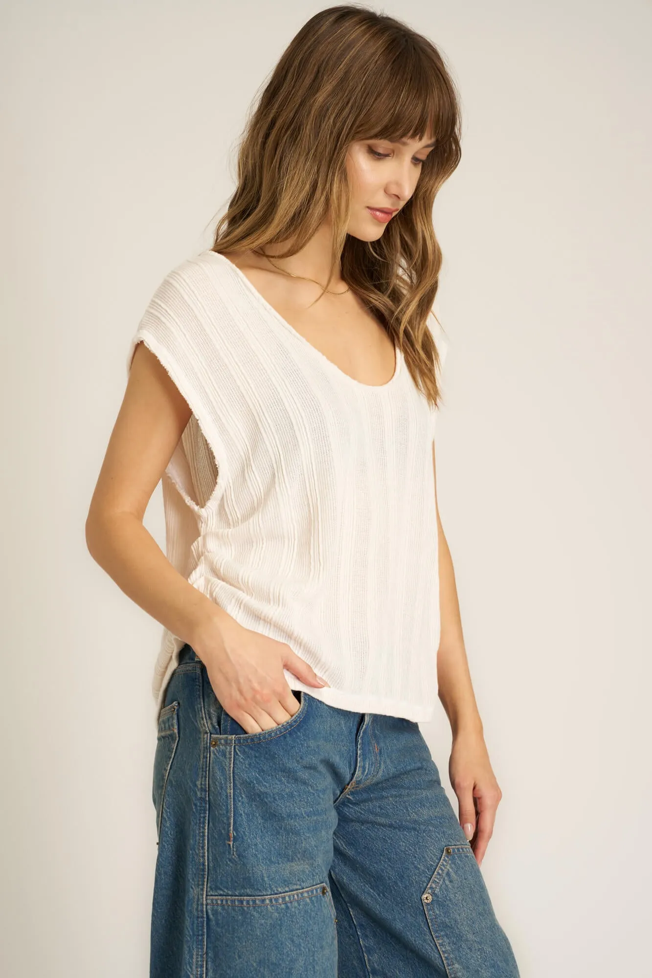 Reflections Textured Scoop Neck Tee - Mother of Pearl