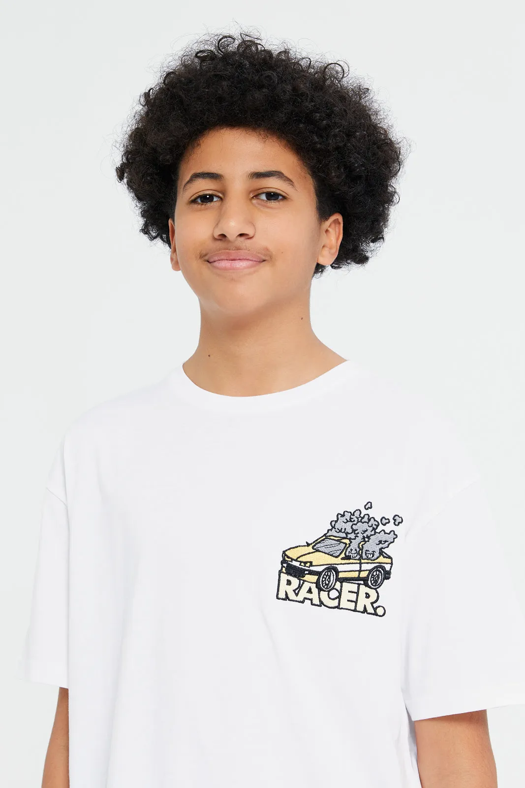 Senior Boys White Oversize Racer Embroidery T-Shirt