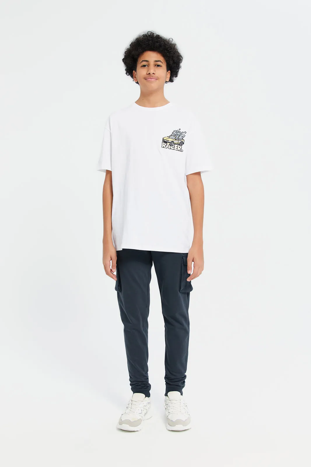 Senior Boys White Oversize Racer Embroidery T-Shirt