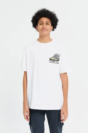 Senior Boys White Oversize Racer Embroidery T-Shirt