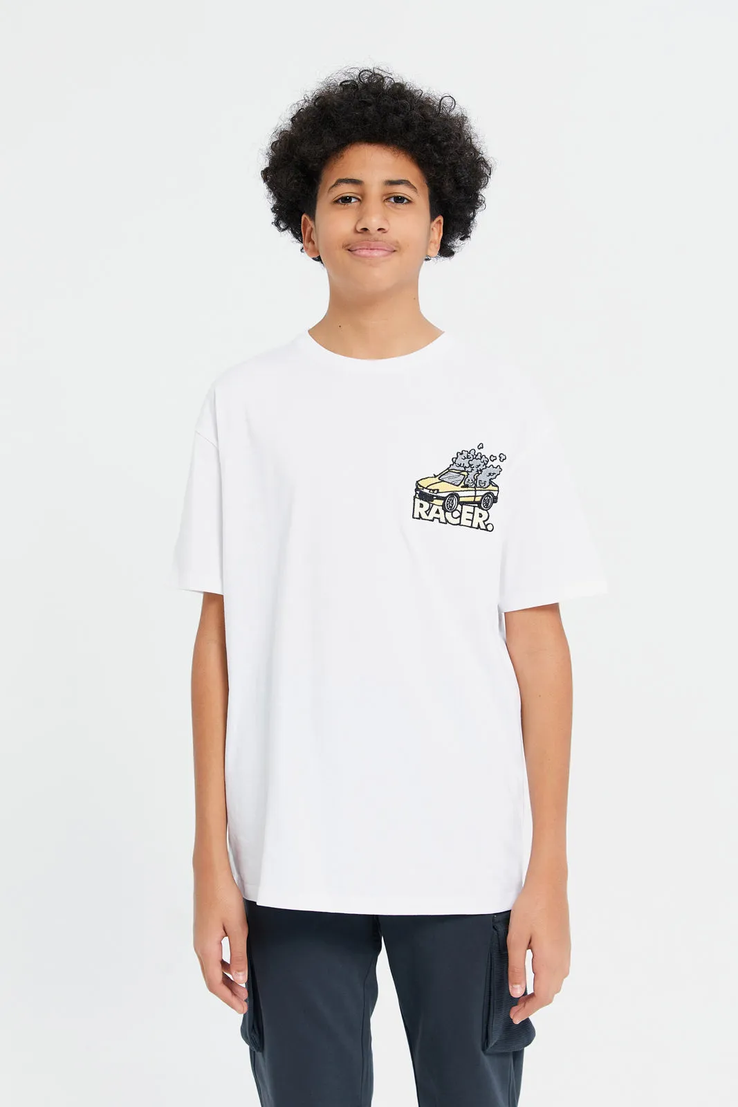 Senior Boys White Oversize Racer Embroidery T-Shirt