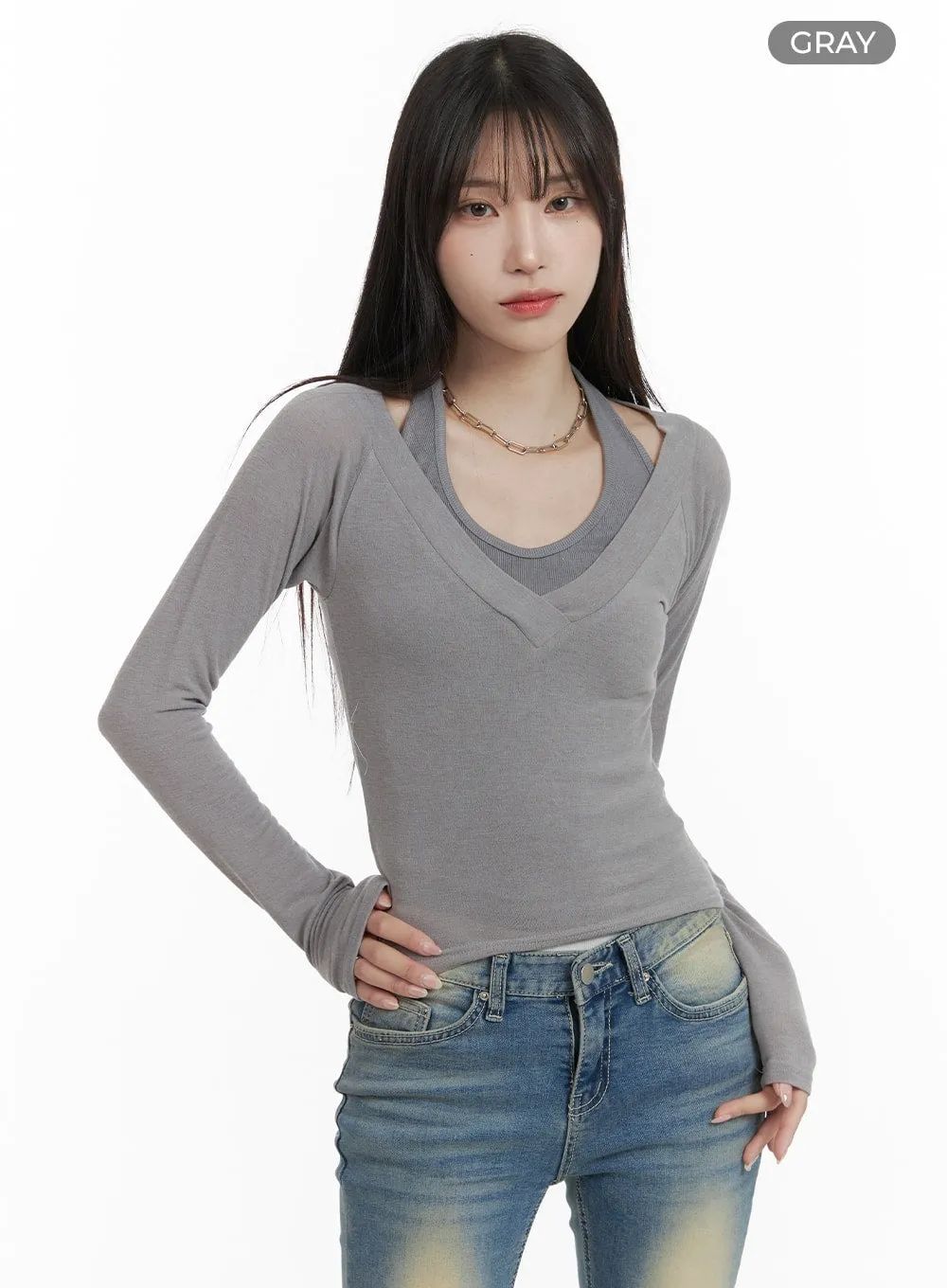 Solid V-Neck Long Sleeve Top CA402