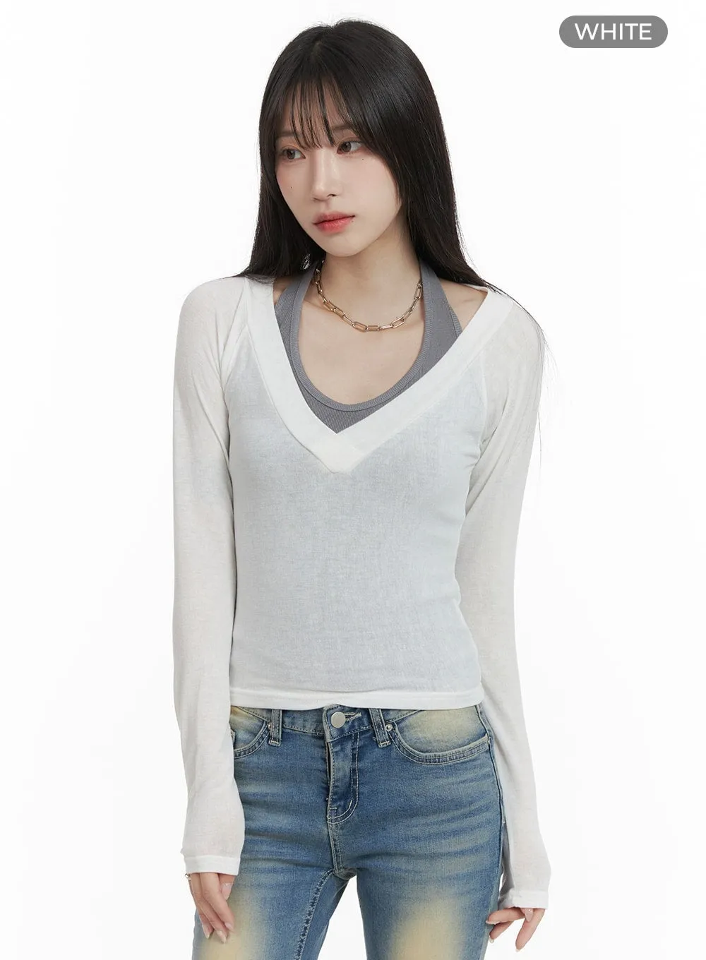 Solid V-Neck Long Sleeve Top CA402