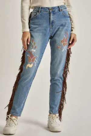 Women Embroidered with Fringes Denim - Indigo Blue